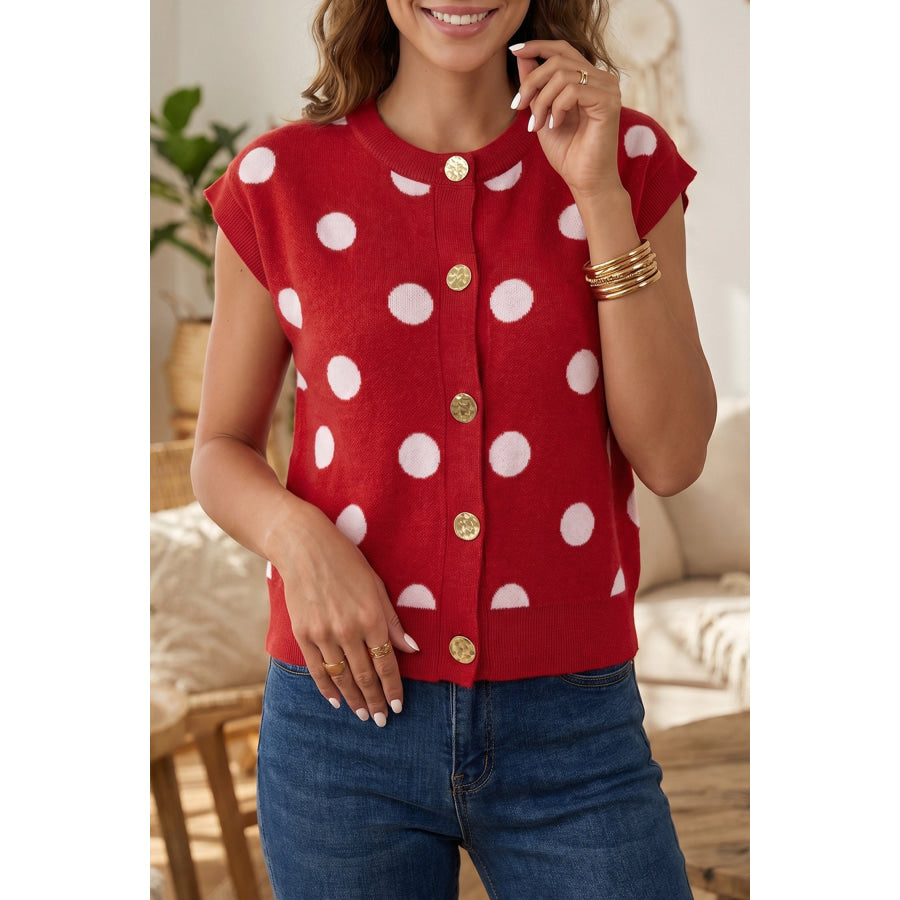 Red Relaxed Polka Dot Print Decorated Button Sweater Vest Red / S / 52% Viscose + 26% Polyester + 22% Polyamide Sweaters &