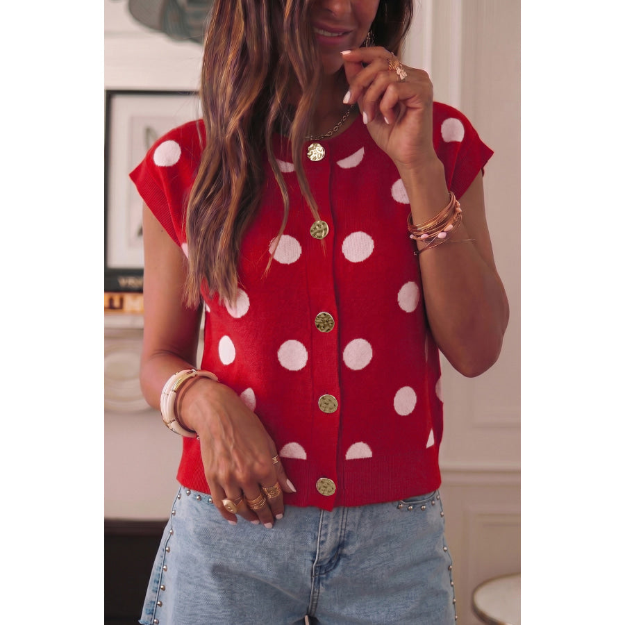Red Relaxed Polka Dot Print Decorated Button Sweater Vest Sweaters & Cardigans/Sweater Vests