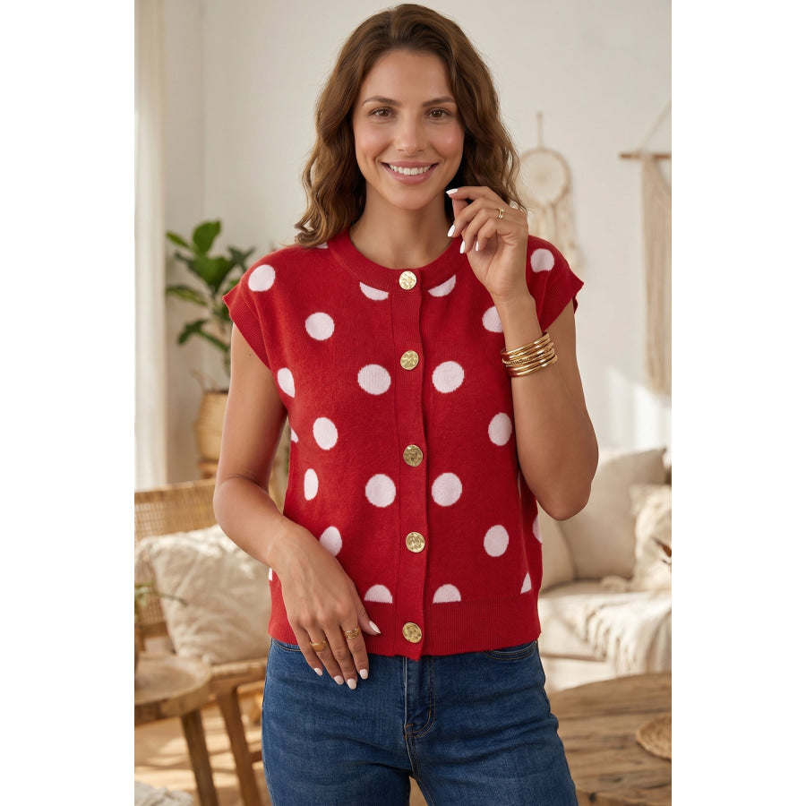 Red Relaxed Polka Dot Print Decorated Button Sweater Vest Sweaters & Cardigans/Sweater Vests
