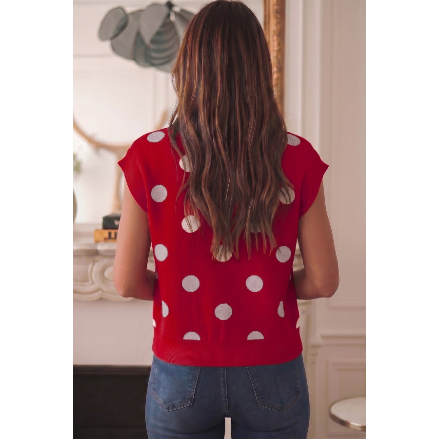 Red Relaxed Polka Dot Print Decorated Button Sweater Vest Sweaters & Cardigans/Sweater Vests