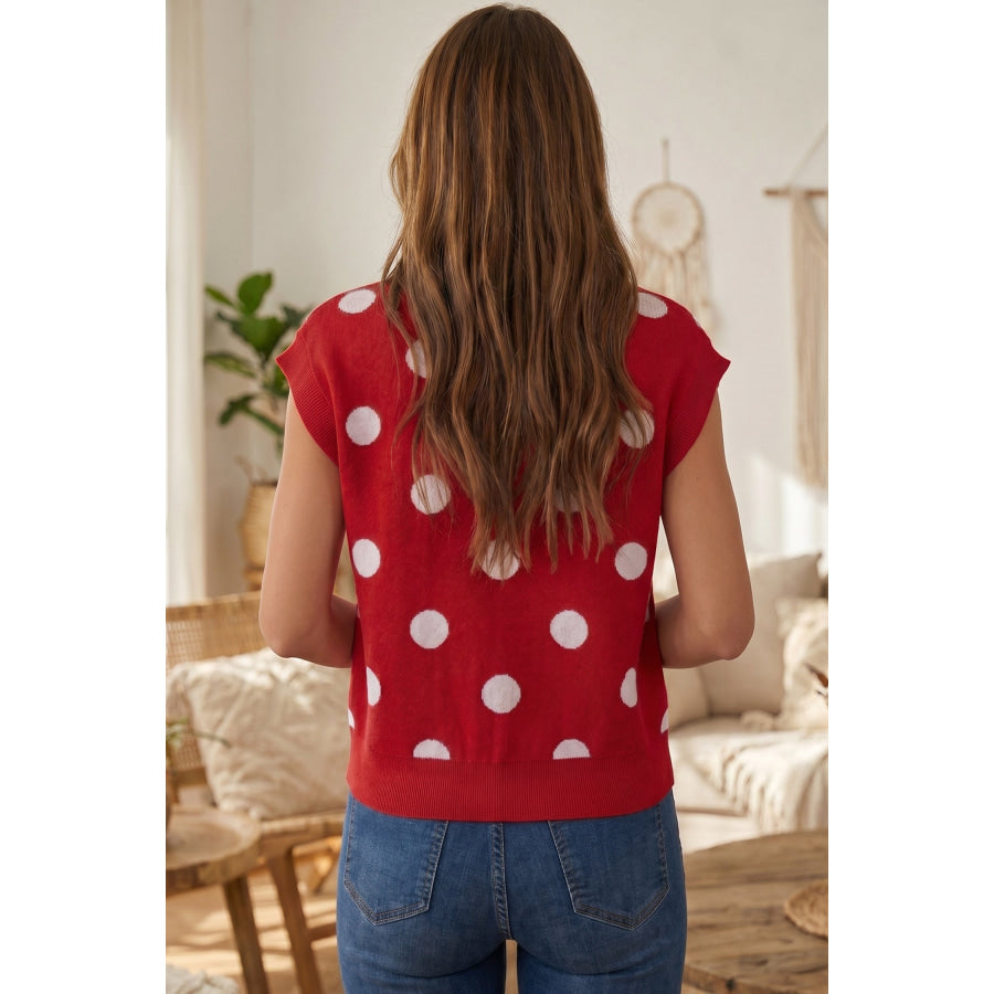 Red Relaxed Polka Dot Print Decorated Button Sweater Vest Sweaters & Cardigans/Sweater Vests