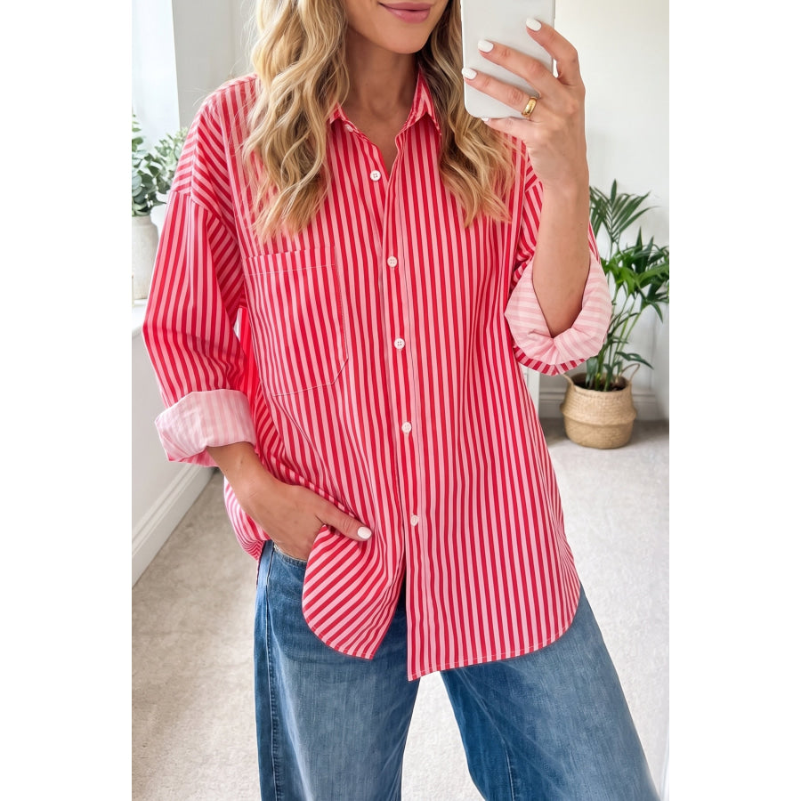 Red Stripe Button-Up Shirt Long Sleeve Patch Pocket Casual Shirt Red Stripe / S / 100% Polyester Tops/Blouses & Shirts