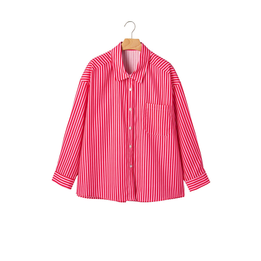 Red Stripe Button-Up Shirt Long Sleeve Patch Pocket Casual Shirt Tops/Blouses & Shirts