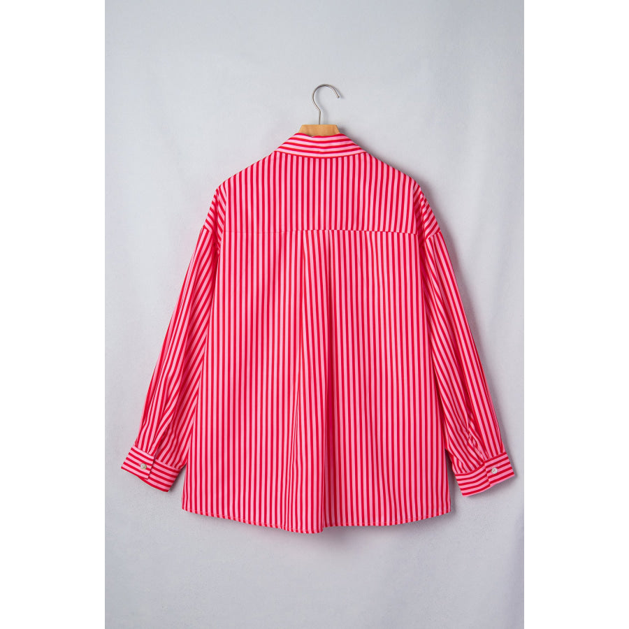 Red Stripe Button-Up Shirt Long Sleeve Patch Pocket Casual Shirt Tops/Blouses & Shirts