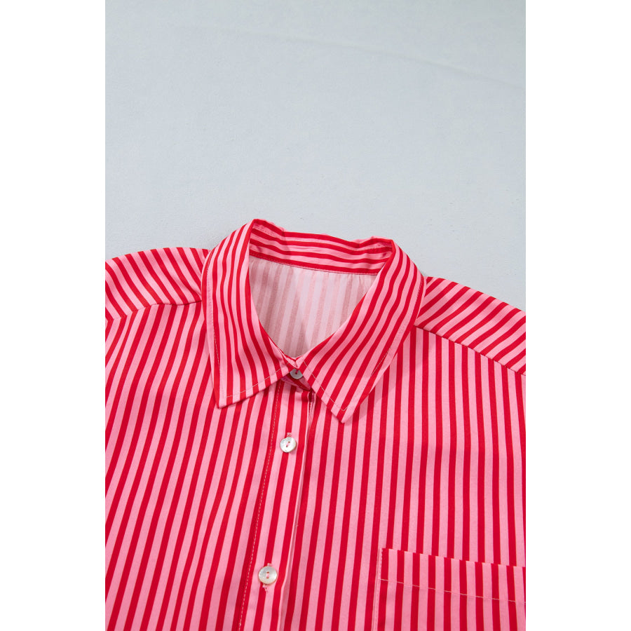Red Stripe Button-Up Shirt Long Sleeve Patch Pocket Casual Shirt Tops/Blouses & Shirts