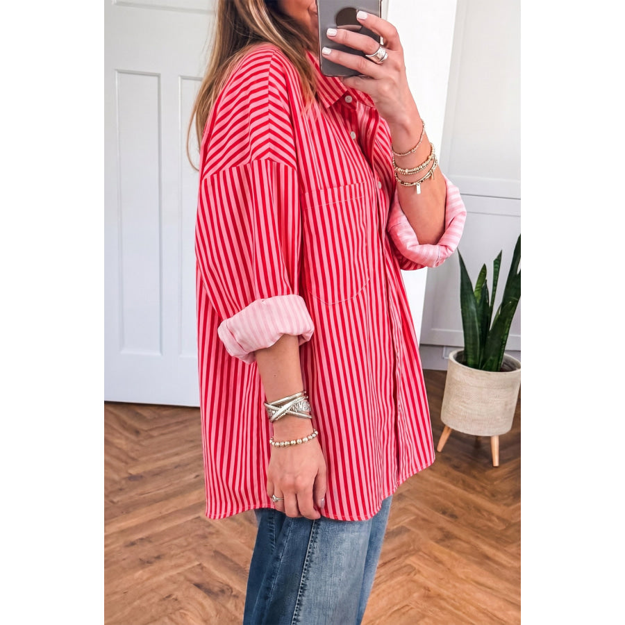 Red Stripe Button-Up Shirt Long Sleeve Patch Pocket Casual Shirt Tops/Blouses & Shirts