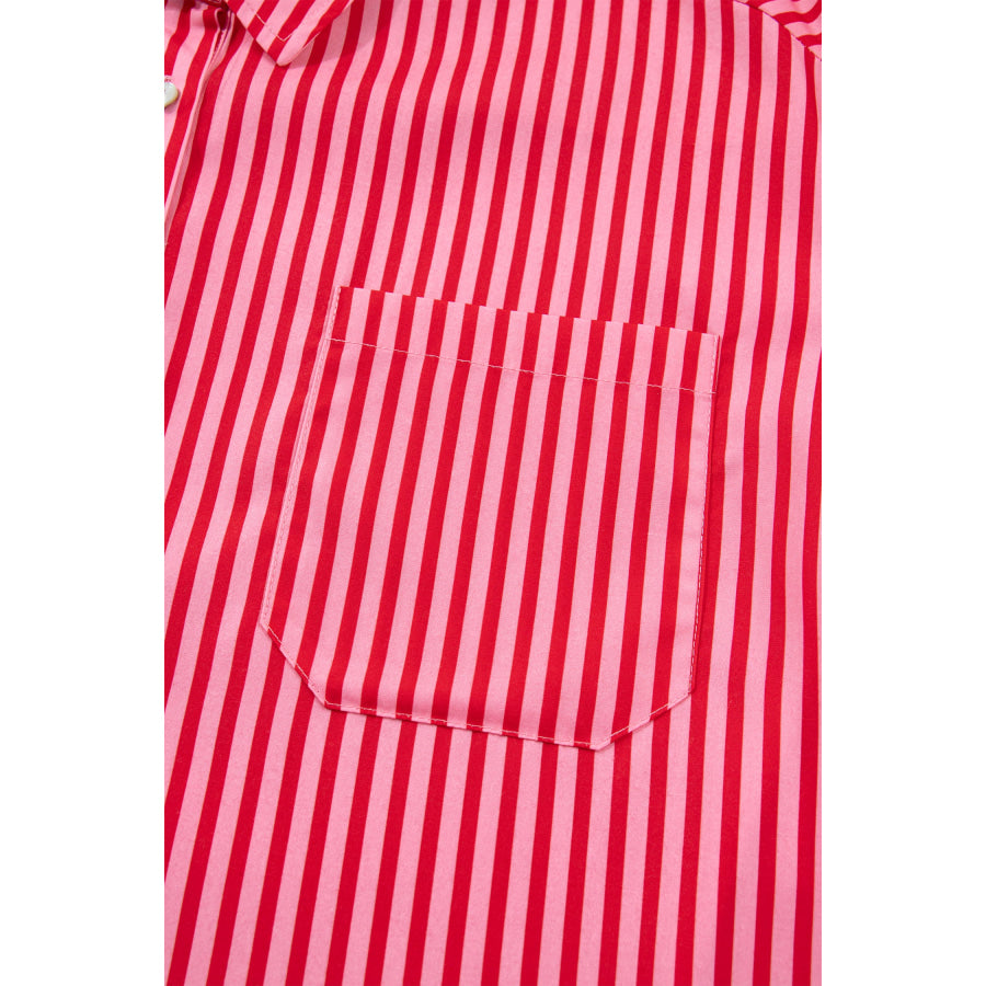 Red Stripe Button-Up Shirt Long Sleeve Patch Pocket Casual Shirt Tops/Blouses & Shirts