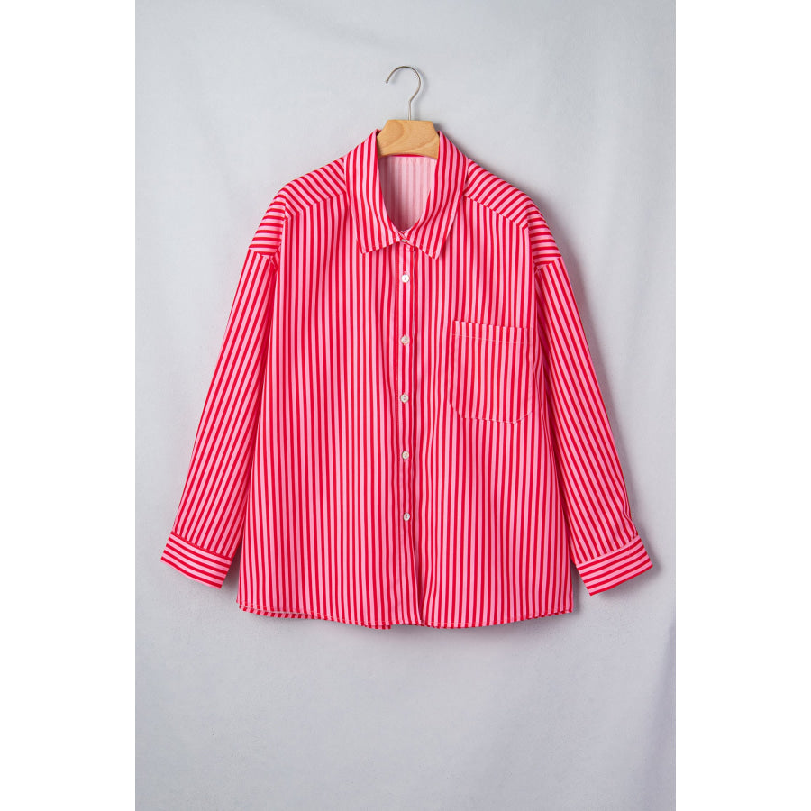Red Stripe Button-Up Shirt Long Sleeve Patch Pocket Casual Shirt Tops/Blouses & Shirts
