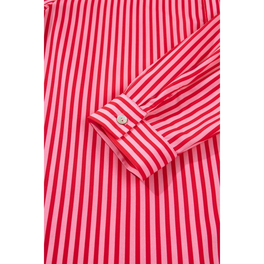 Red Stripe Button-Up Shirt Long Sleeve Patch Pocket Casual Shirt Tops/Blouses & Shirts