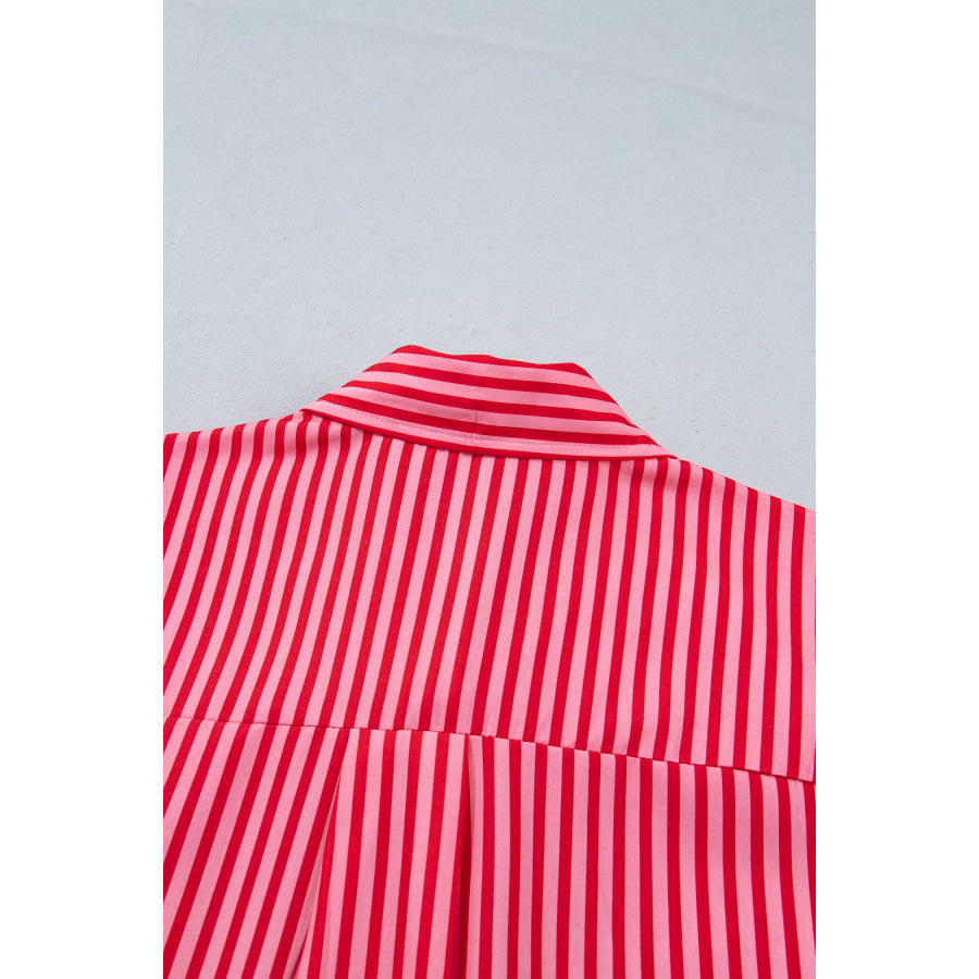 Red Stripe Button-Up Shirt Long Sleeve Patch Pocket Casual Shirt Tops/Blouses & Shirts