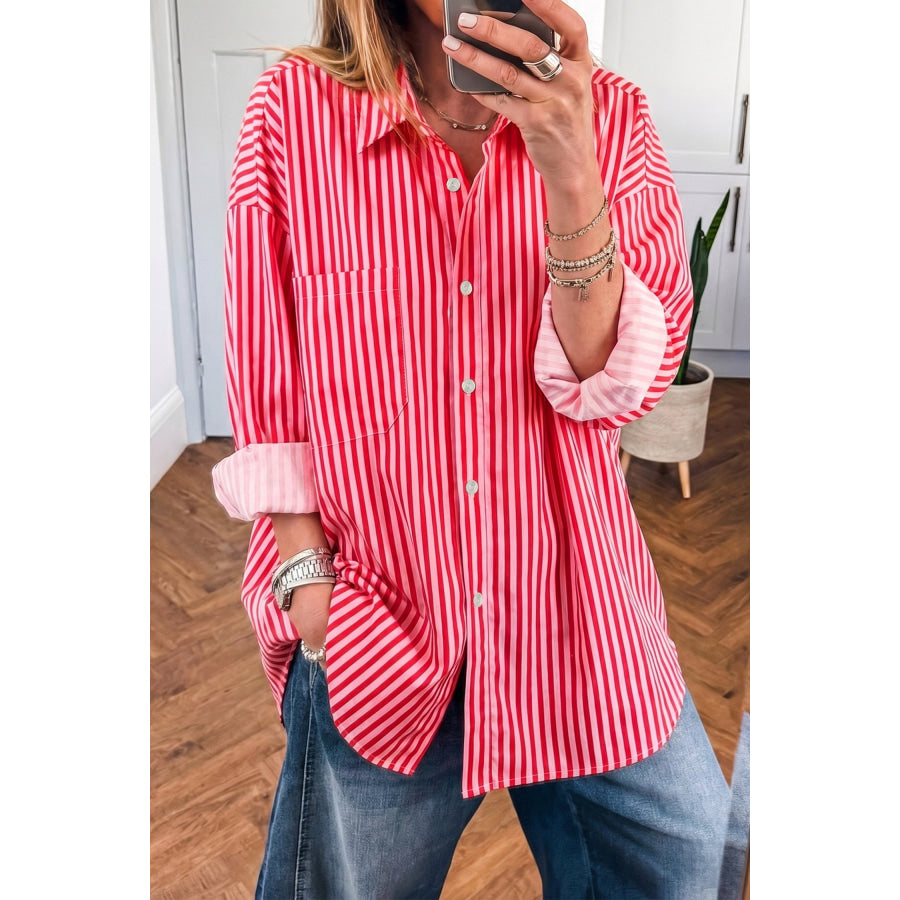 Red Stripe Button-Up Shirt Long Sleeve Patch Pocket Casual Shirt Tops/Blouses & Shirts