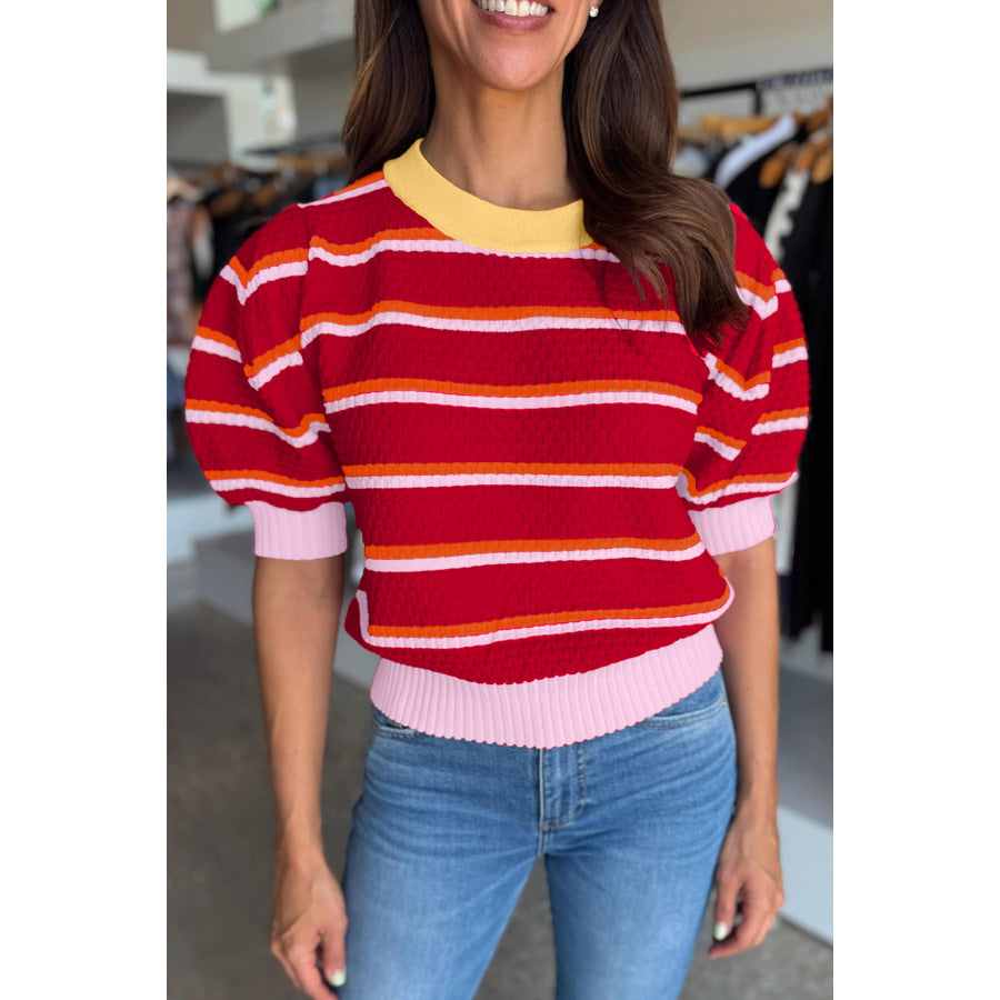 Red Stripe Colorblock Trim Half Sleeve Sweater Top Red Stripe / S / 52% Viscose + 26% Polyester + 22% Polyamide Sweaters & Cardigans/Short