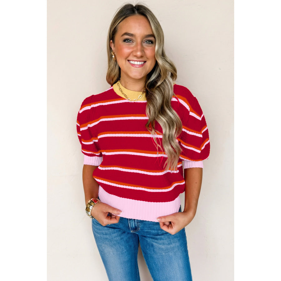 Red Stripe Colorblock Trim Half Sleeve Sweater Top Sweaters & Cardigans/Short Sleeve Sweaters