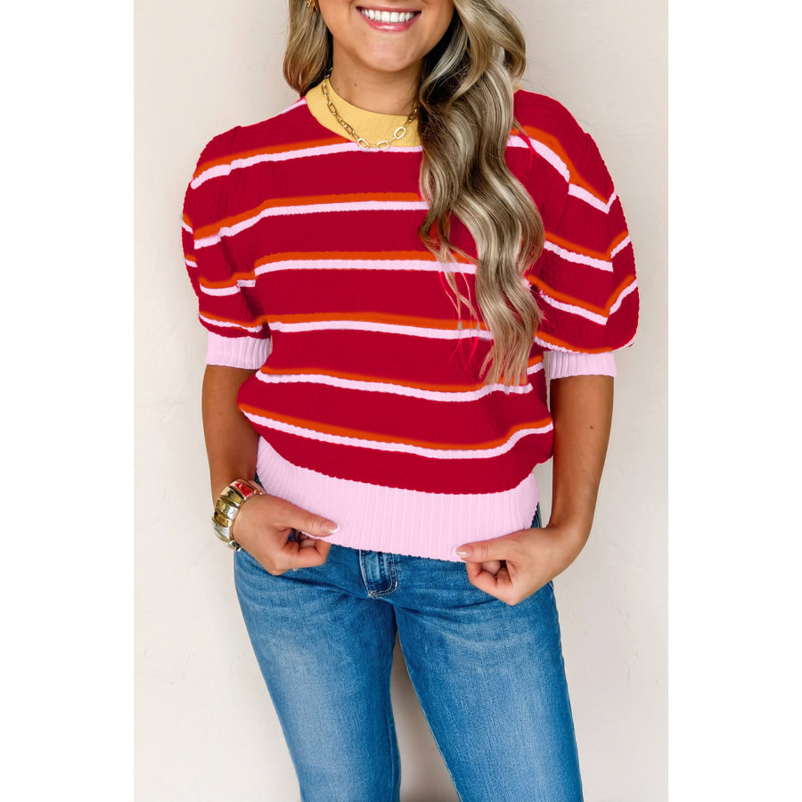Red Stripe Colorblock Trim Half Sleeve Sweater Top Sweaters & Cardigans/Short Sleeve Sweaters