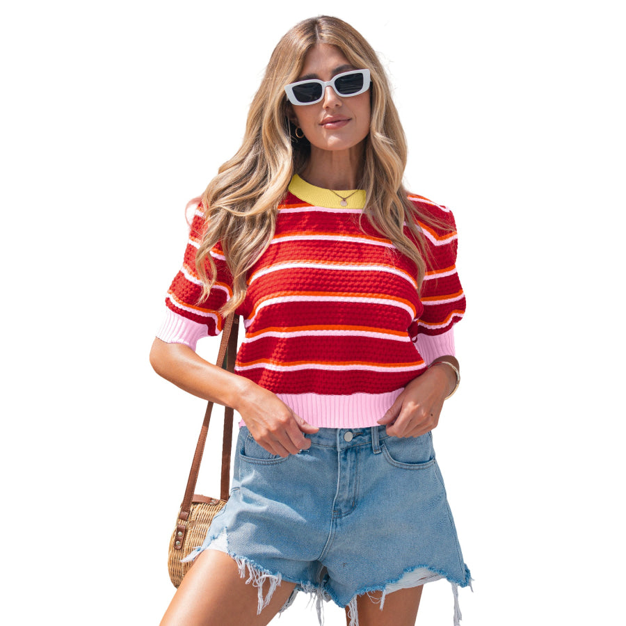 Red Stripe Colorblock Trim Half Sleeve Sweater Top Sweaters & Cardigans/Short Sleeve Sweaters