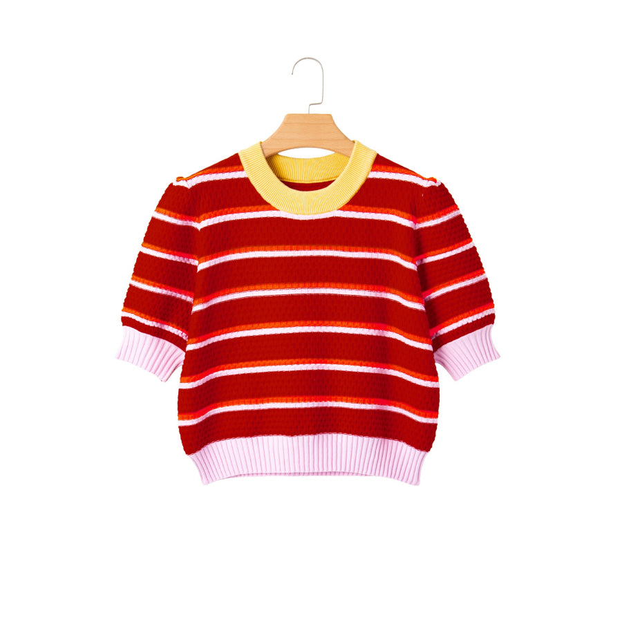 Red Stripe Colorblock Trim Half Sleeve Sweater Top Sweaters & Cardigans/Short Sleeve Sweaters