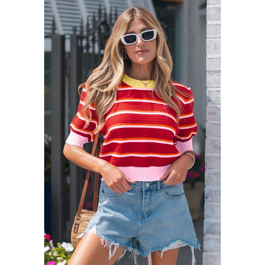 Red Stripe Colorblock Trim Half Sleeve Sweater Top Sweaters & Cardigans/Short Sleeve Sweaters