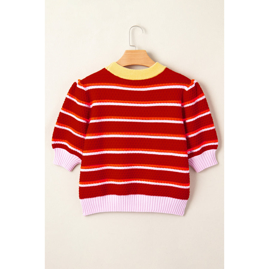 Red Stripe Colorblock Trim Half Sleeve Sweater Top Sweaters & Cardigans/Short Sleeve Sweaters