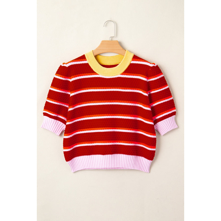 Red Stripe Colorblock Trim Half Sleeve Sweater Top Sweaters & Cardigans/Short Sleeve Sweaters