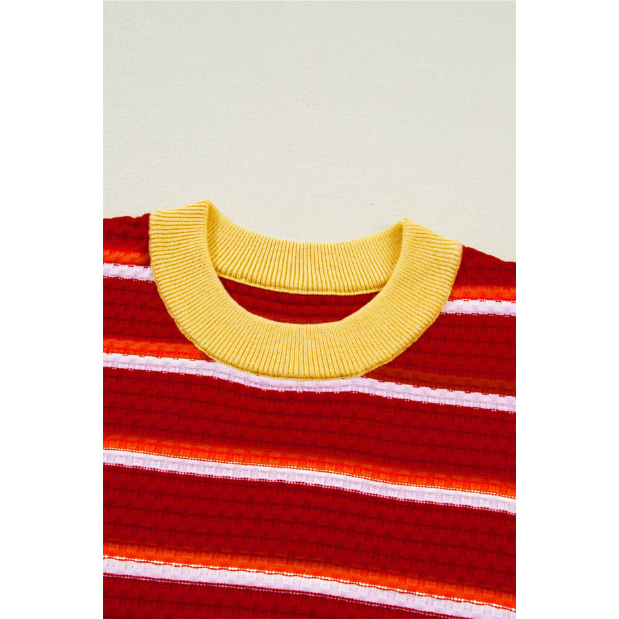 Red Stripe Colorblock Trim Half Sleeve Sweater Top Sweaters & Cardigans/Short Sleeve Sweaters