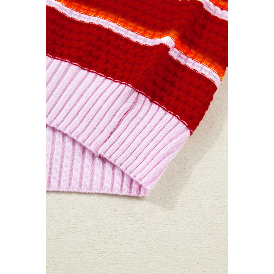 Red Stripe Colorblock Trim Half Sleeve Sweater Top Sweaters & Cardigans/Short Sleeve Sweaters