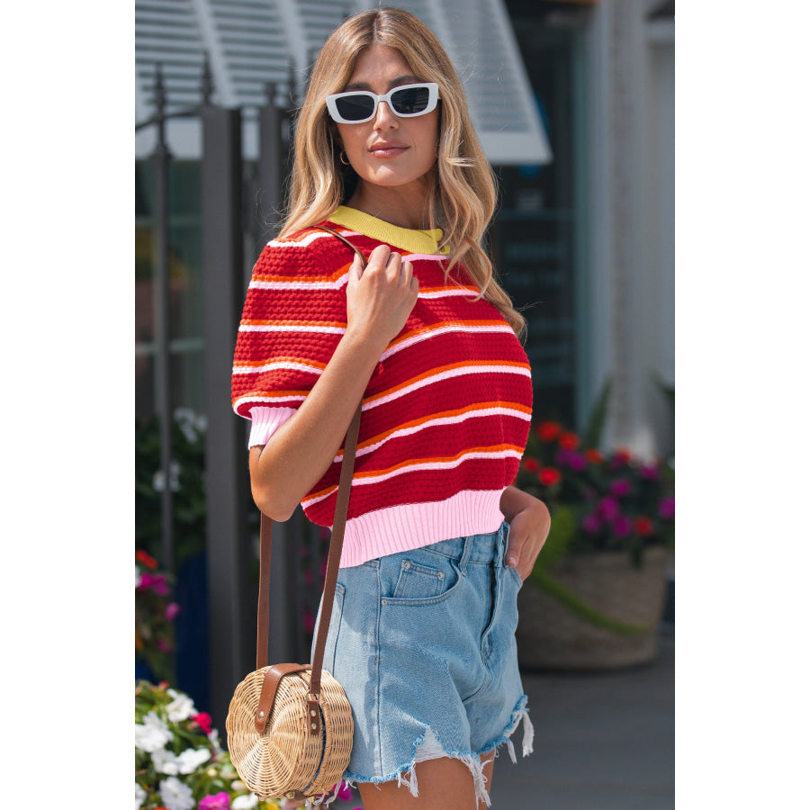 Red Stripe Colorblock Trim Half Sleeve Sweater Top Sweaters & Cardigans/Short Sleeve Sweaters