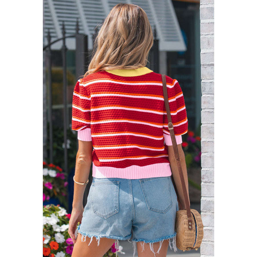 Red Stripe Colorblock Trim Half Sleeve Sweater Top Sweaters & Cardigans/Short Sleeve Sweaters