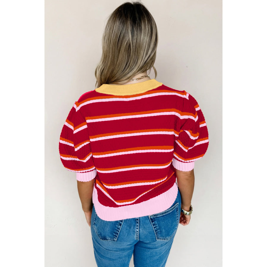 Red Stripe Colorblock Trim Half Sleeve Sweater Top Sweaters & Cardigans/Short Sleeve Sweaters