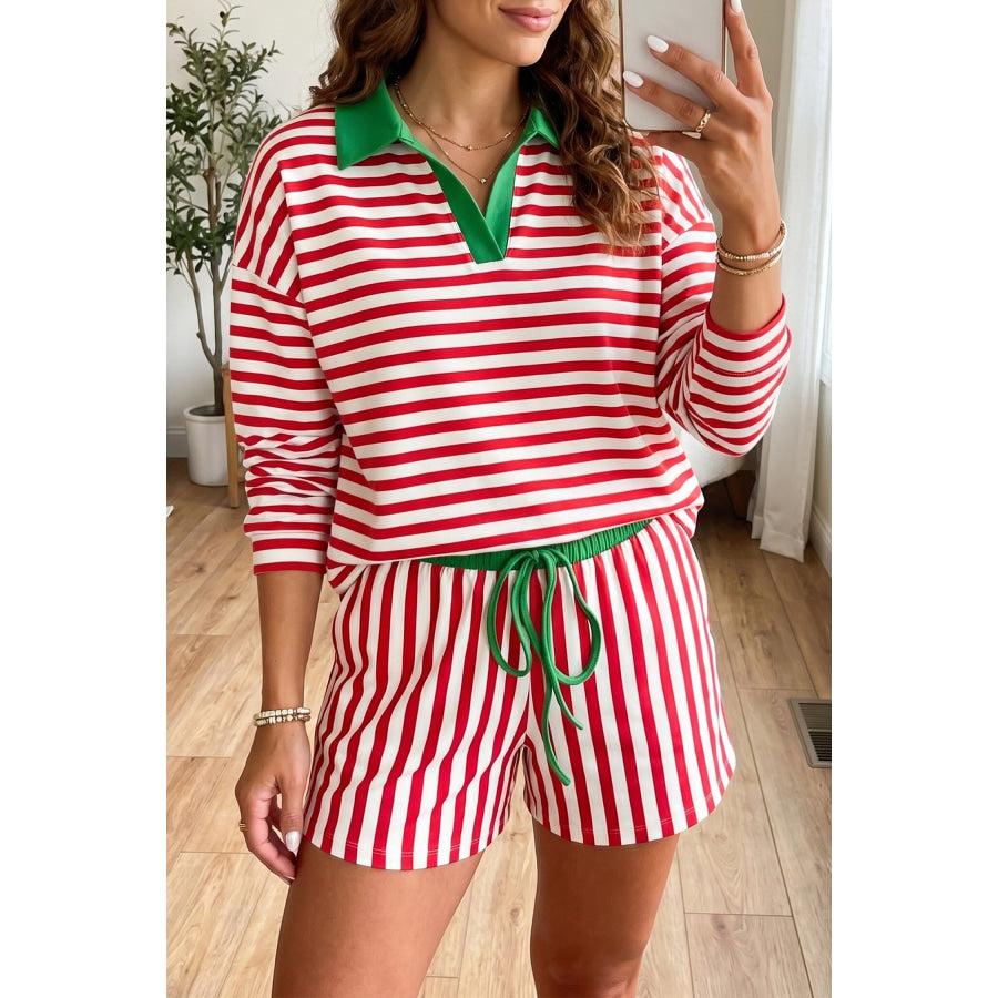 Red Stripe Colorblock Trim Polo Collar Drawstring Elastic Waist Band Casual 2pcs Outfit Red Stripe / S Two Piece Sets/Short Sets