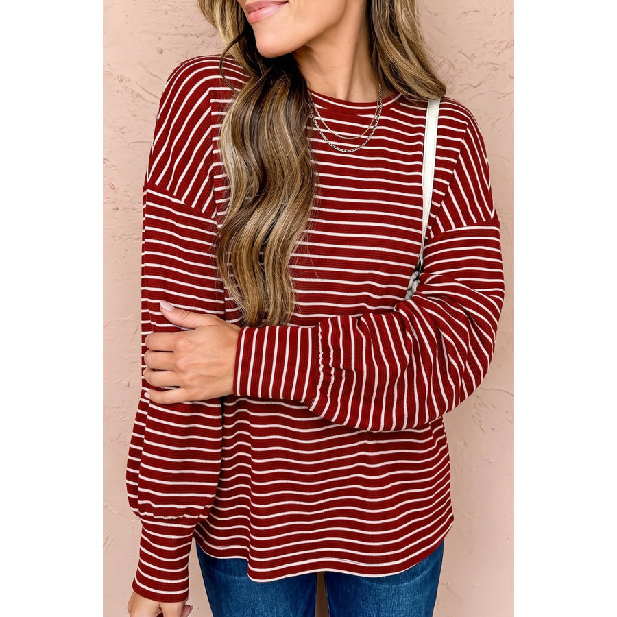 Red Stripe Drop Shoulder Long Sleeve Top / S / 95% Polyester + 5% Elastane Tops/Long Tops
