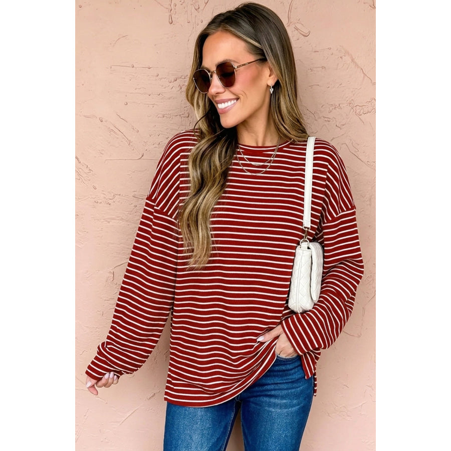 Red Stripe Drop Shoulder Long Sleeve Top Tops/Long Tops