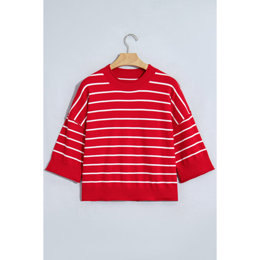 Red Stripe Dropped Shoulder Half Sleeve Relaxed Knit Sweater Sweaters & Cardigans/Short