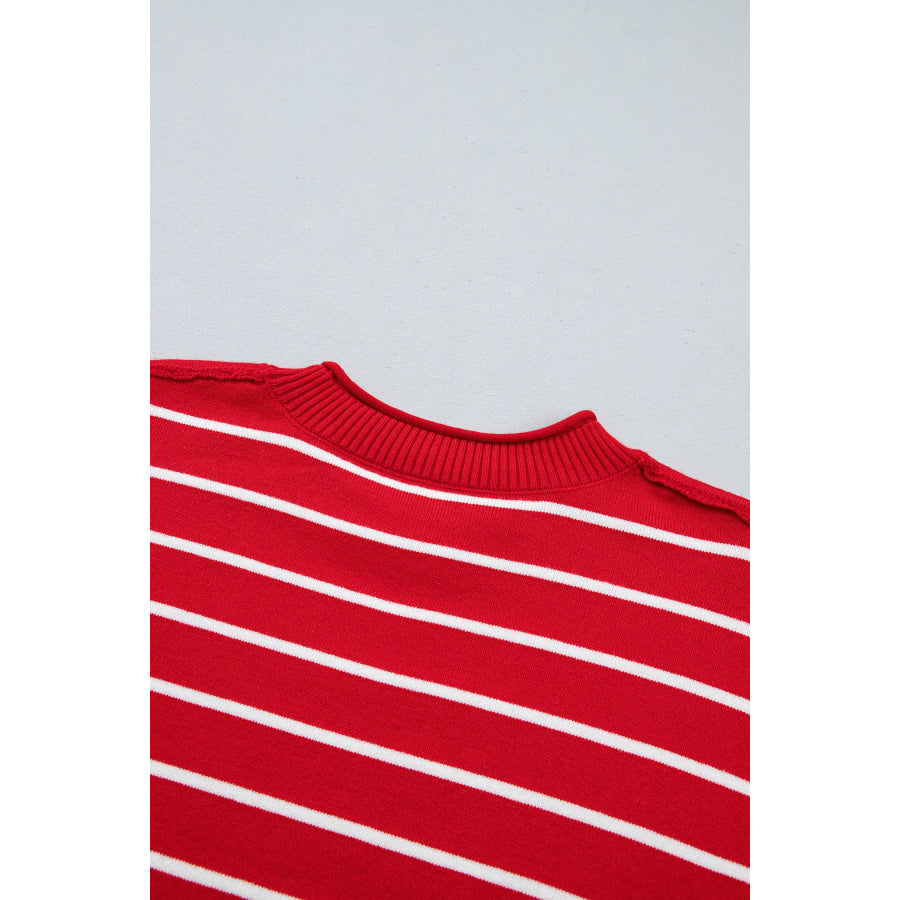 Red Stripe Dropped Shoulder Half Sleeve Relaxed Knit Sweater Sweaters & Cardigans/Short