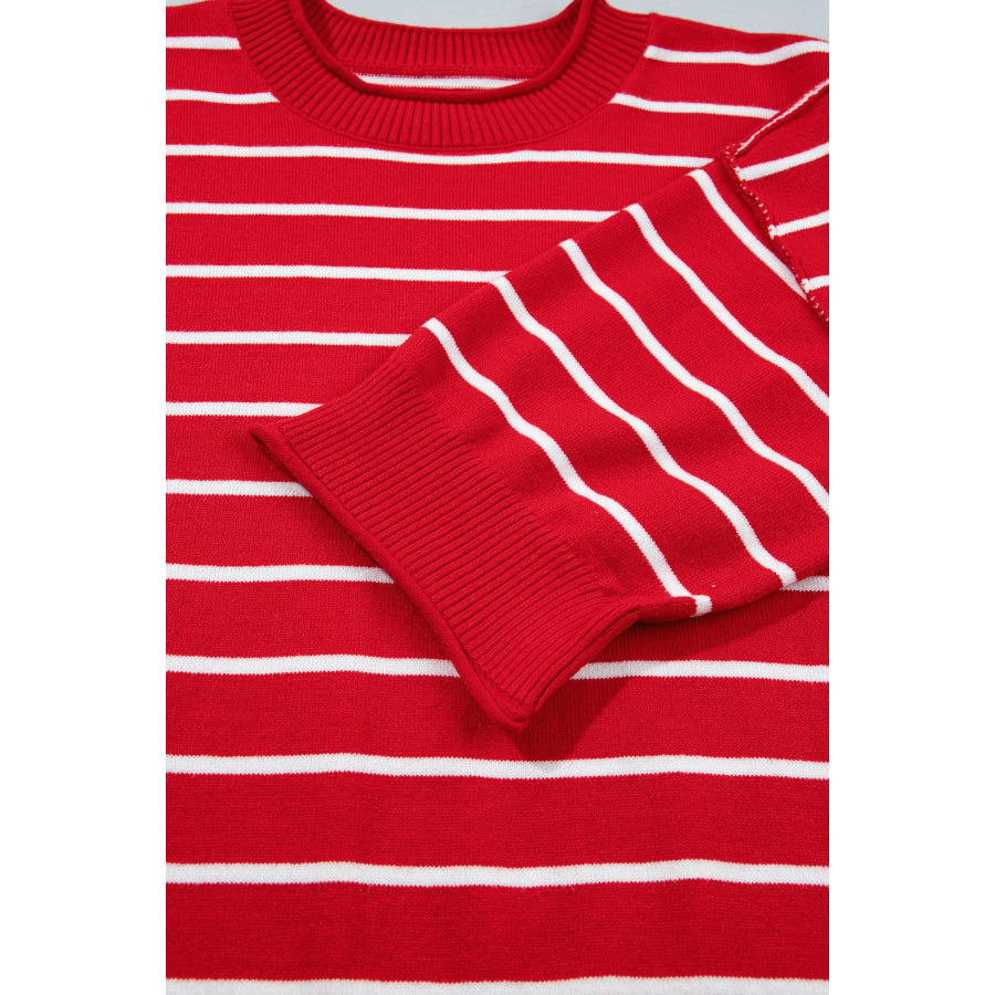 Red Stripe Dropped Shoulder Half Sleeve Relaxed Knit Sweater Sweaters & Cardigans/Short
