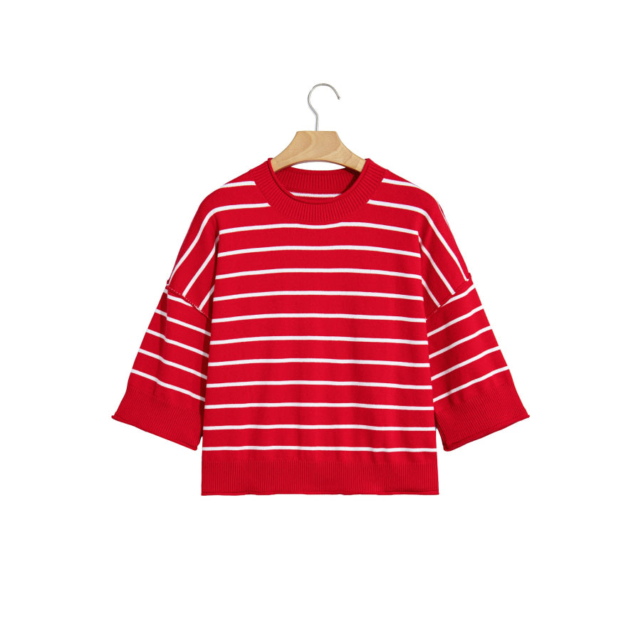 Red Stripe Dropped Shoulder Half Sleeve Relaxed Knit Sweater Sweaters & Cardigans/Short