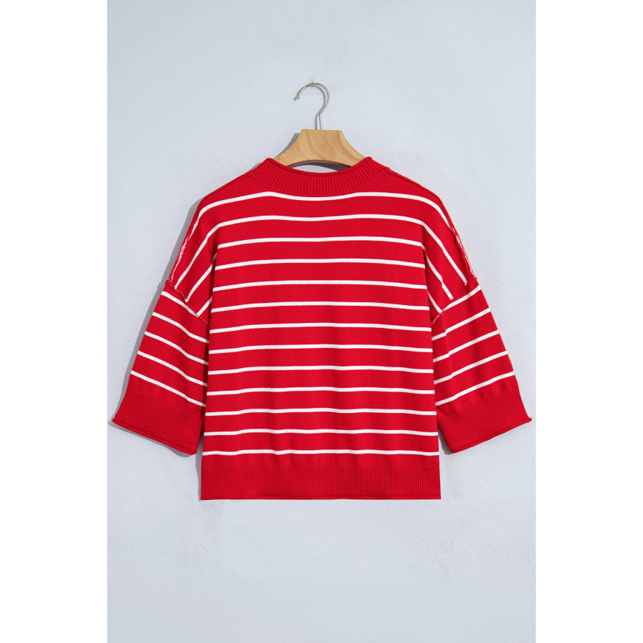 Red Stripe Dropped Shoulder Half Sleeve Relaxed Knit Sweater Sweaters & Cardigans/Short