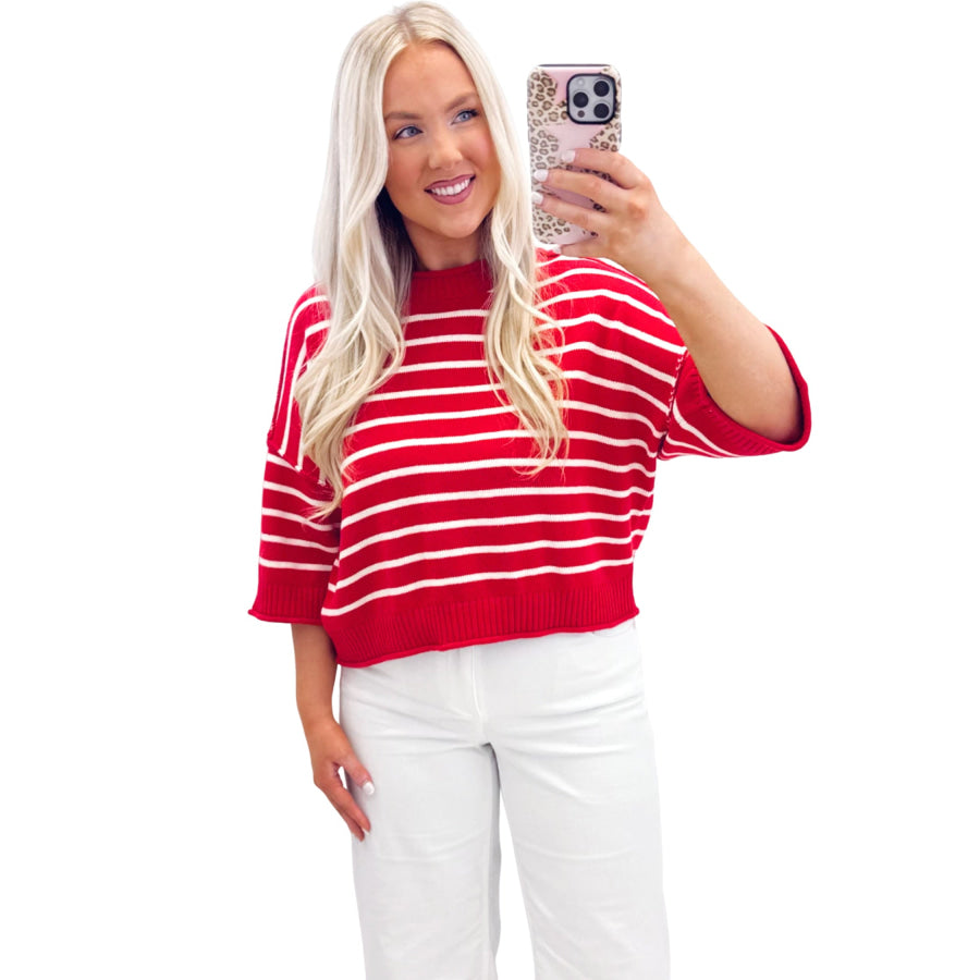 Red Stripe Dropped Shoulder Half Sleeve Relaxed Knit Sweater Sweaters & Cardigans/Short