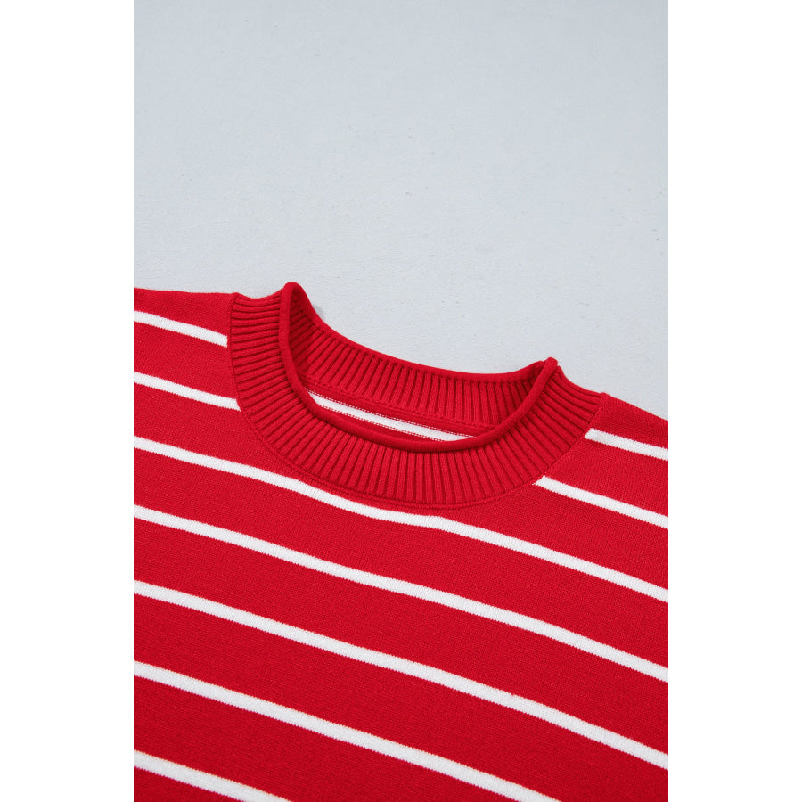 Red Stripe Dropped Shoulder Half Sleeve Relaxed Knit Sweater Sweaters & Cardigans/Short