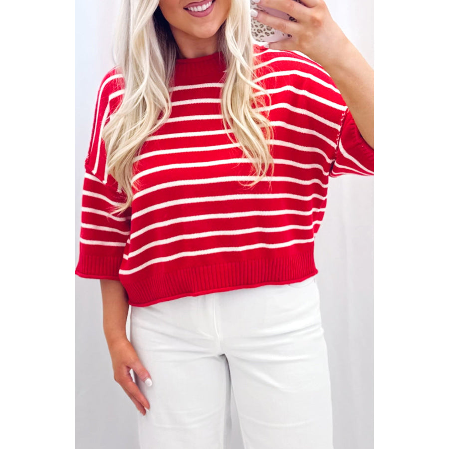 Red Stripe Dropped Shoulder Half Sleeve Relaxed Knit Sweater Sweaters & Cardigans/Short