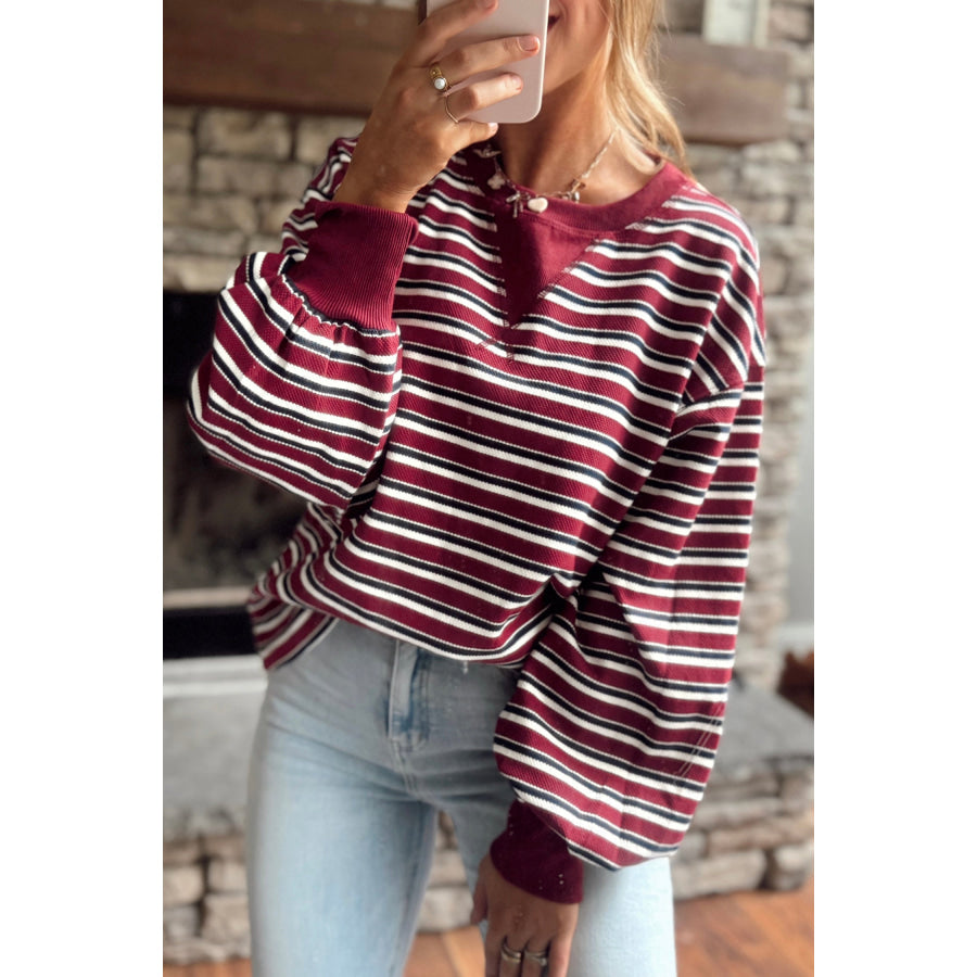 Red Stripe Dropped Shoulder Long Puff Sleeve Top Red Stripe / S Tops/Long Sleeve Tops