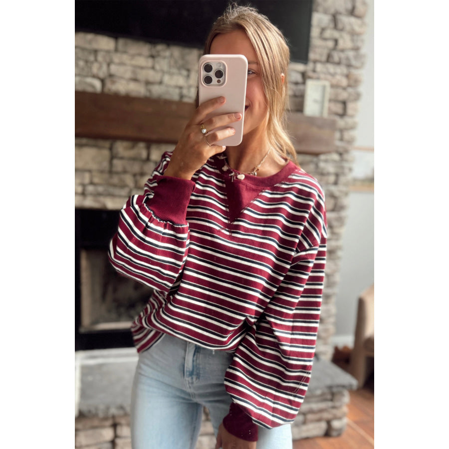 Red Stripe Dropped Shoulder Long Puff Sleeve Top Tops/Long Sleeve Tops