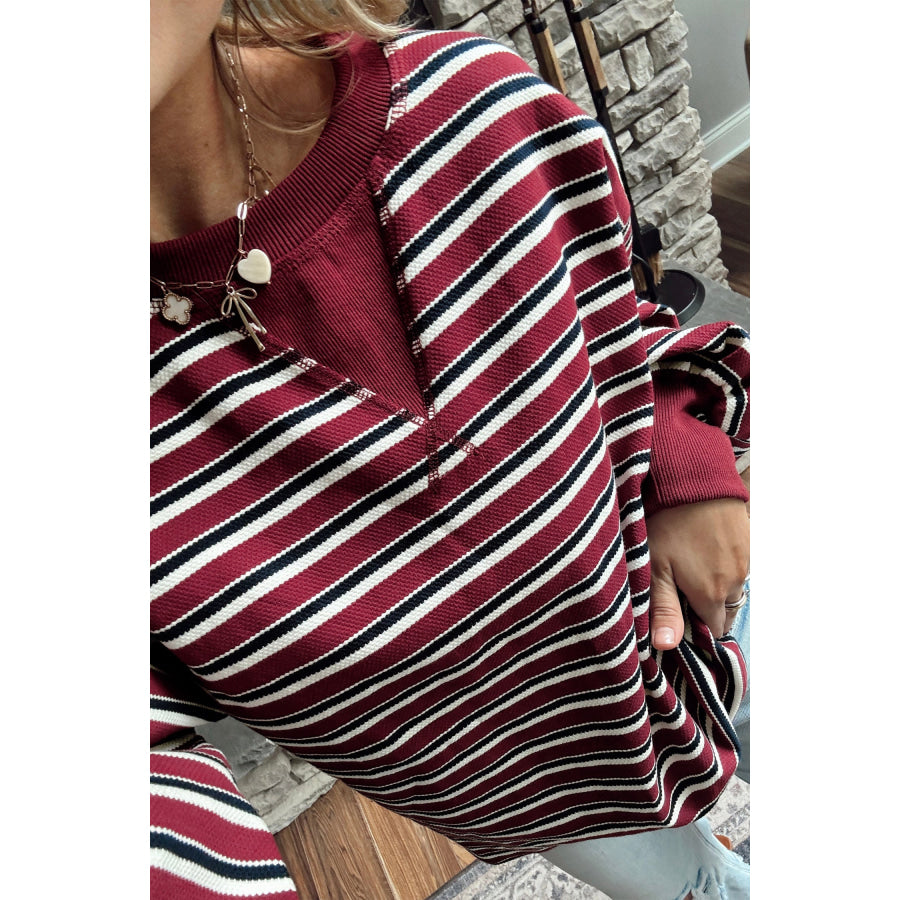 Red Stripe Dropped Shoulder Long Puff Sleeve Top Tops/Long Sleeve Tops