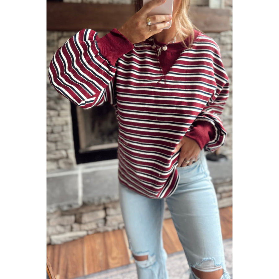Red Stripe Dropped Shoulder Long Puff Sleeve Top Tops/Long Sleeve Tops