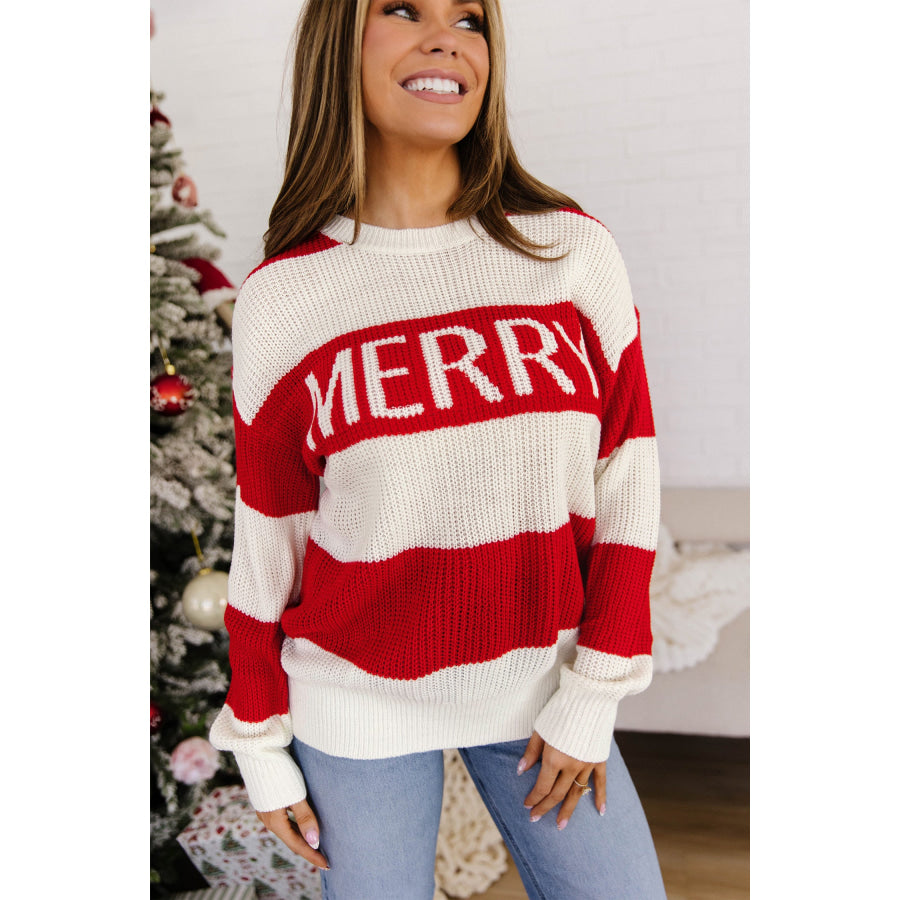 Red Stripe MERRY Drop Shoulder Long Sleeve Christmas Sweater Sweaters & Cardigans/Sweaters