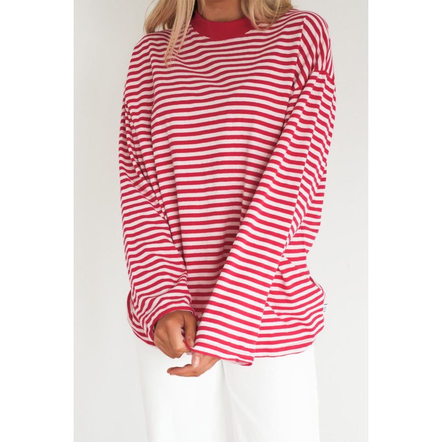 Red Stripe Oversized Long Sleeve Round Neck Top / S Tops/Long Tops