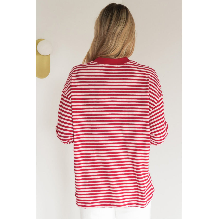 Red Stripe Oversized Long Sleeve Round Neck Top / S Tops/Long Tops