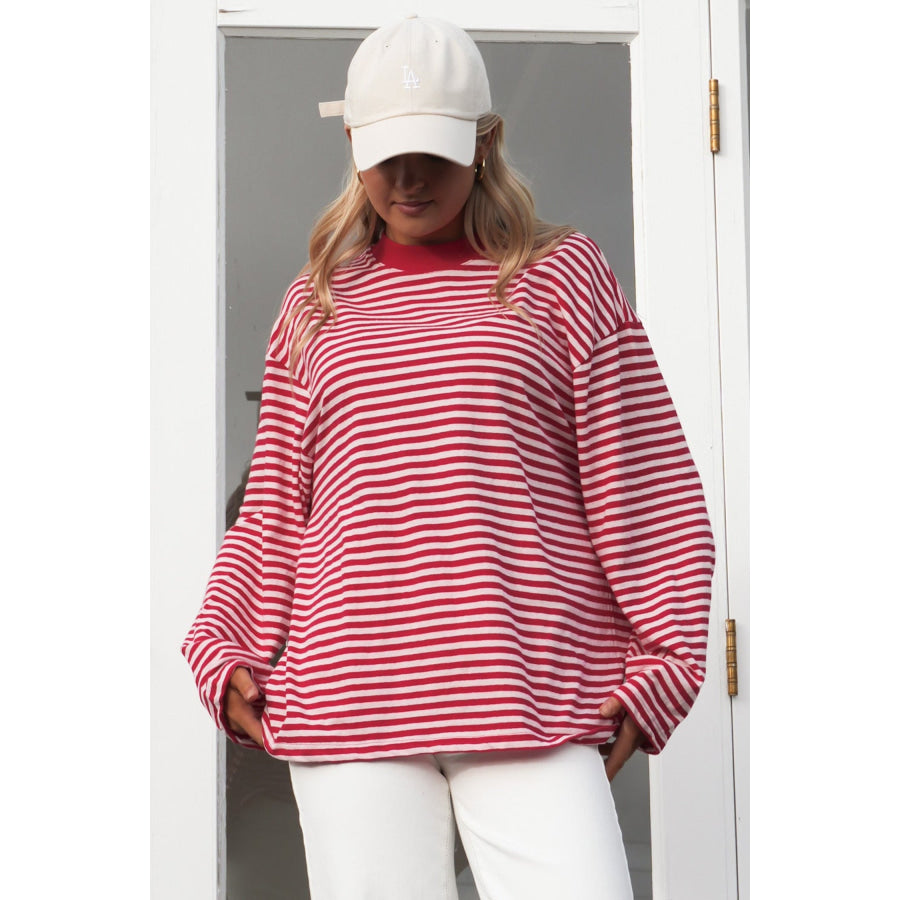 Red Stripe Oversized Long Sleeve Round Neck Top Tops/Long Tops