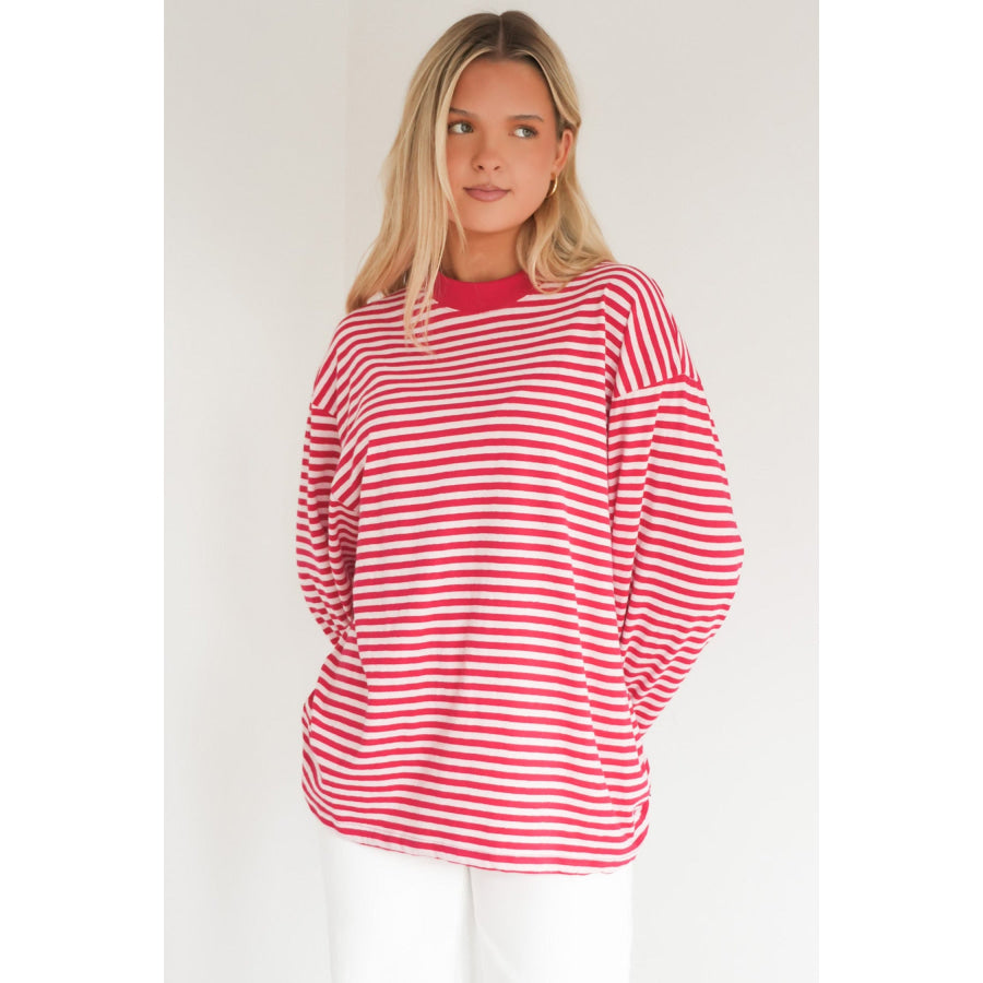 Red Stripe Oversized Long Sleeve Round Neck Top Tops/Long Tops
