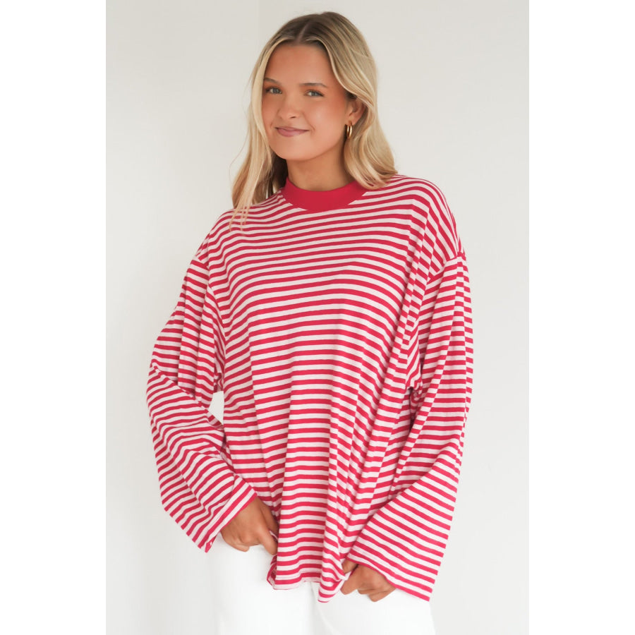 Red Stripe Oversized Long Sleeve Round Neck Top Tops/Long Tops