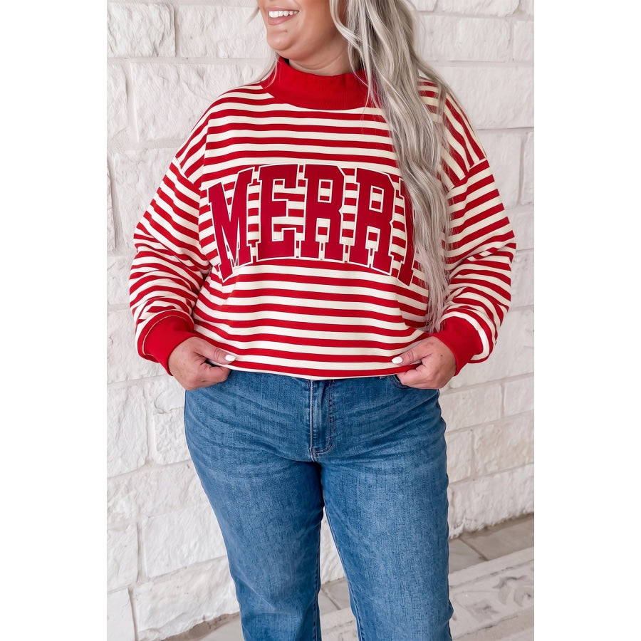 Red Stripe Plus Size MERRY Festive Letter Embroidery Patched Graphic Pullover Sweatshirt / 1X Size/Plus Sweatshirts & Hoodies
